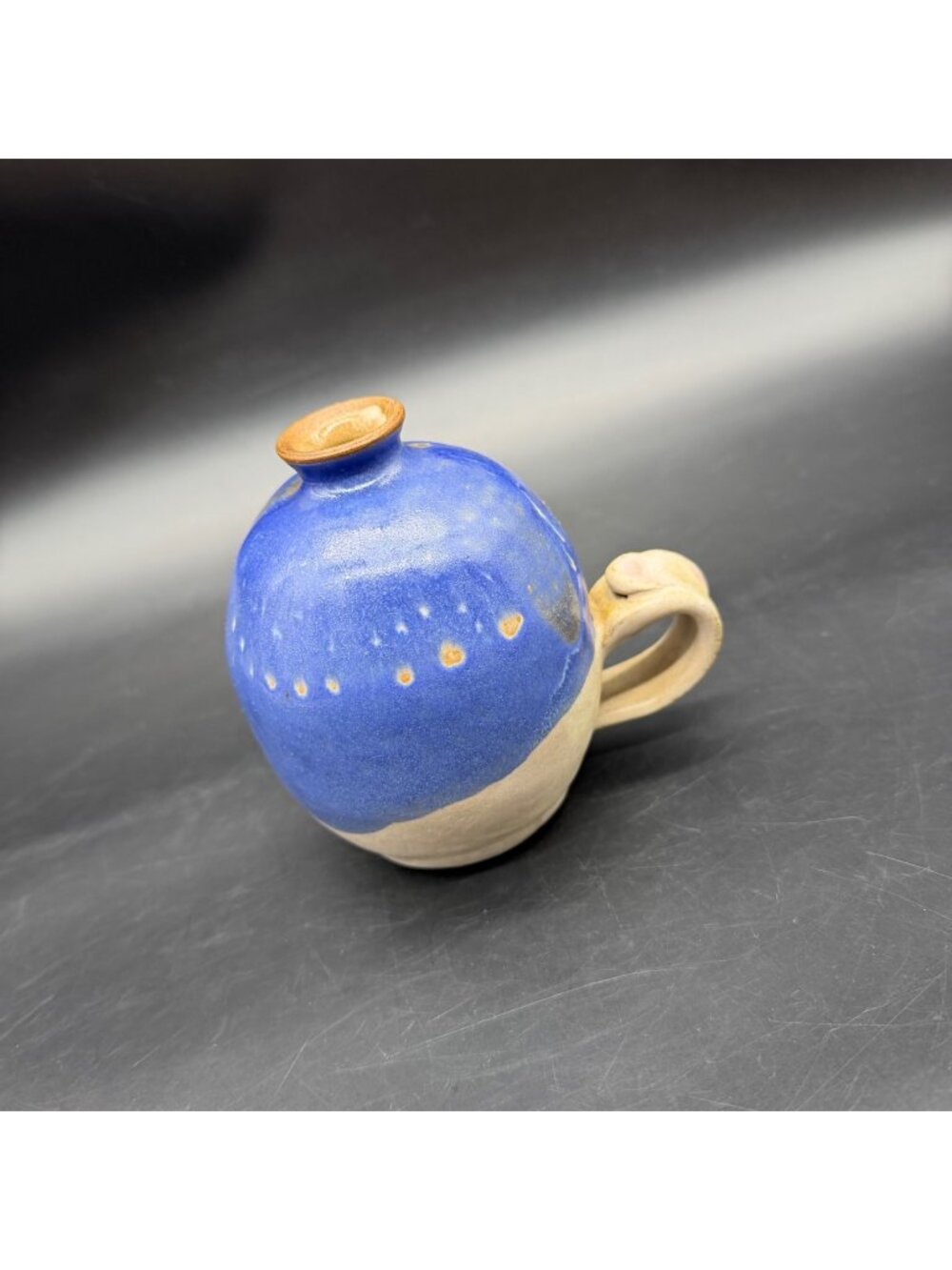 Art Pottery Jug Candle Holder 90s Blue Gray Drip Glaze Signed Handmade Primitive